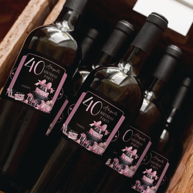 Glam Rosa Black Mode 40:e födelsedagen Party (Glam Pink and Black French Couture Fashion 40th Birthday Party Bottle Labels)