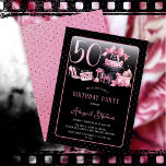 Glam Rosa Black Mode 50:e Födelsedagsfesten Inbjudningar<br><div class="desc">Glamorös Fransk-inspirerad, rosa och svart 50-årsjubileum med en hatt-kaka, rosa stilettos och en sminkpåse bland olika oöppnade presenter- och lusartade muffinsar. Perfekt för att fira födelsedag i tillfälle. Ålder skapas i ett ej redigerbart faux rosa glitter-teckensnitt. Meddelandedesigner om du behöver den här ändringen för en annan ålder än vad som...</div>