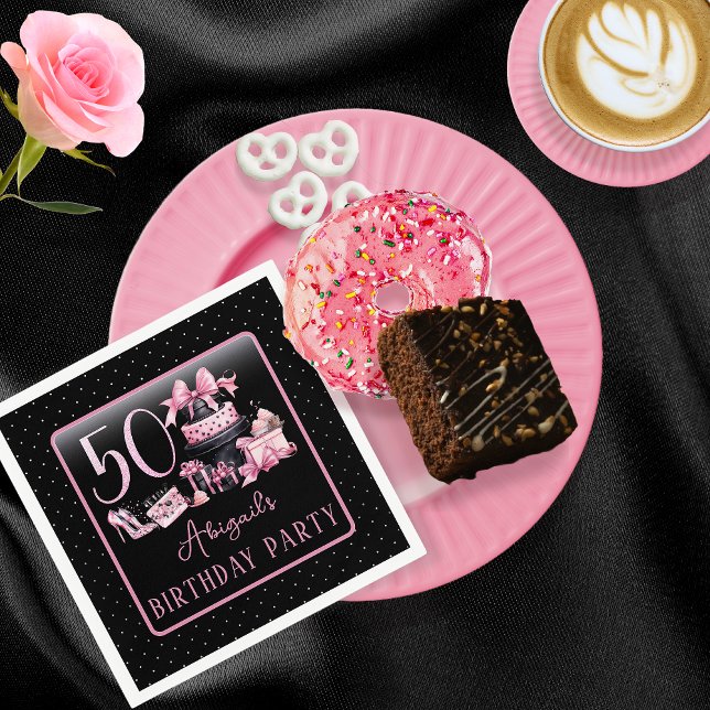 Glam Rosa Black Mode 50:e Födelsedagsfesten Pappersservett (Glam Pink and Black French Couture Fashion 50th Birthday Party Paper Napkins)