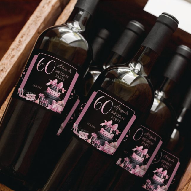 Glam Rosa Black Mode 60:e Födelsedagsfesten (Glam Pink and Black French Couture Fashion 60th Birthday Party Bottle Labels)