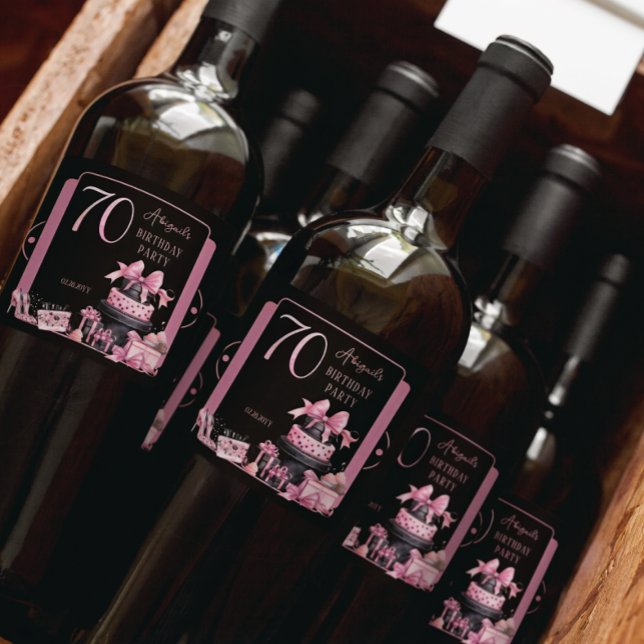 Glam Rosa Black Mode 70:e Födelsedagsfesten (Glam Pink and Black French Couture Fashion 70th Birthday Party Bottle Labels)