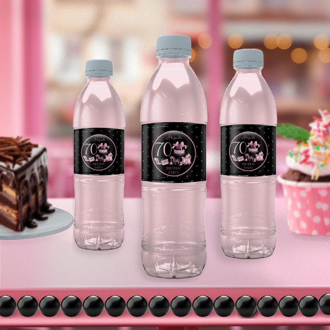 Glam Rosa Black Mode 70:e Födelsedagsfesten Vattenflaskor Etikett (Glam Pink and Black French Couture Fashion 70th Birthday Party Water Bottle Labels)