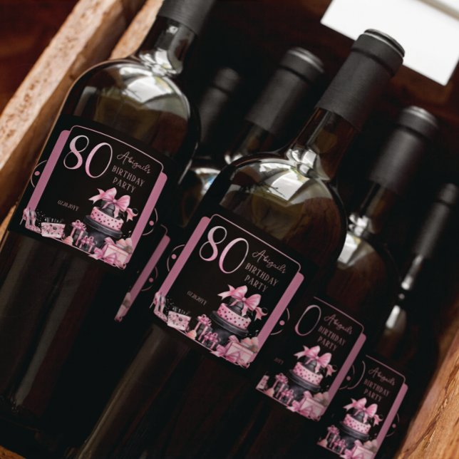 Glam Rosa Black Mode 80:e Födelsedagsfesten (Glam Pink and Black French Couture Fashion 80th Birthday Party Bottle Labels)