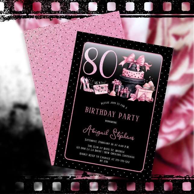 Glam Rosa Black Mode 80:e Födelsedagsfesten Inbjudningar (Glam Pink and Black French Couture Fashion 80th Birthday Party Invitation)