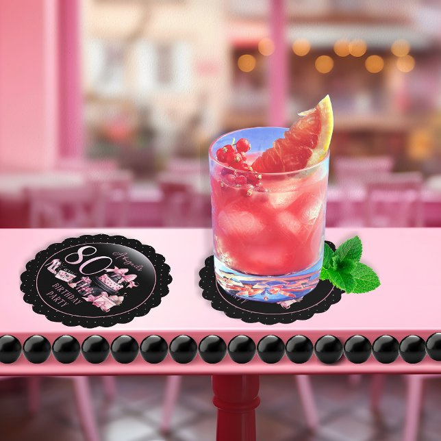 Glam Rosa Black Mode 80:e Födelsedagsfesten Underlägg Papper (Glam Pink and Black French Couture Fashion 80th Birthday Party Coasters)