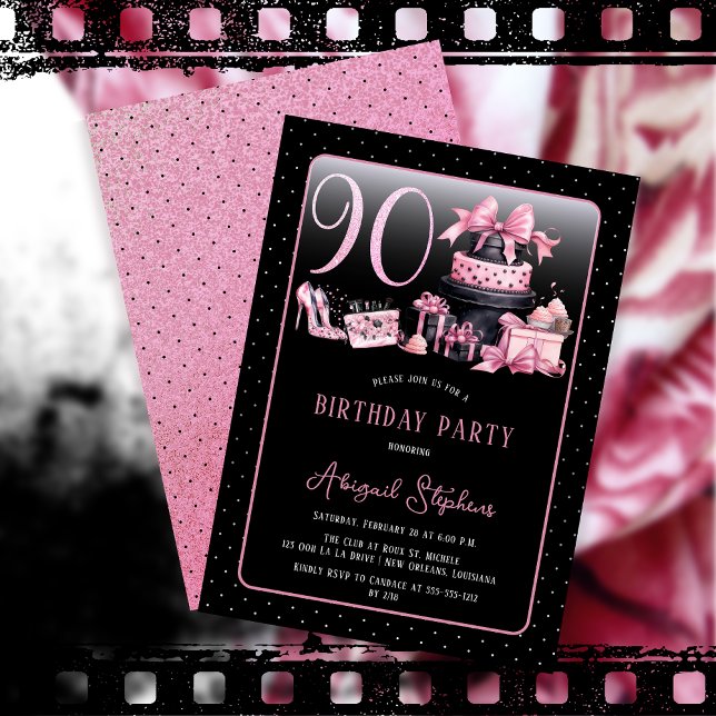 Glam Rosa Black Mode 90:e Födelsedagsfest Inbjudningar (Glam Pink and Black French Couture Fashion 90th Birthday Party Invitation)