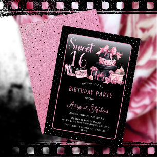 Glam Rosa Black Mode Sweet 16 Födelsedagsfester Inbjudningar