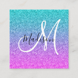 Glam Rosa Blue Lila Glitter Ombre Monogram Fyrkantigt Visitkort