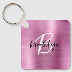 Glam rosa borstat metallmonogram nyckelring