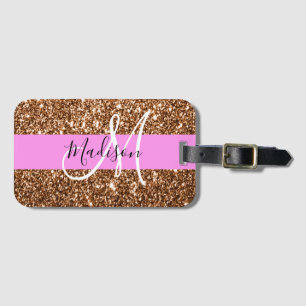 Glam Rosa & Bronze Glitter Sparkles Monogram Namn Bagagebricka