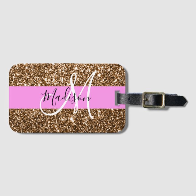 Glam Rosa & Bronze Glitter Sparkles Monogram Namn Bagagebricka (Framsida horisontal)