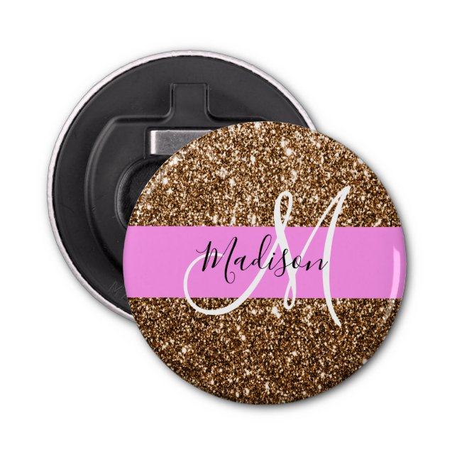 Glam Rosa & Bronze Glitter Sparkles Monogram Namn Flasköppnare (Framsidan)