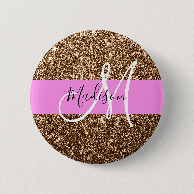 Glam Rosa & Bronze Glitter Sparkles Monogram Namn Knapp (Framsida)