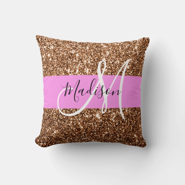 Glam Rosa & Bronze Glitter Sparkles Monogram Namn Kudde (Framsida)