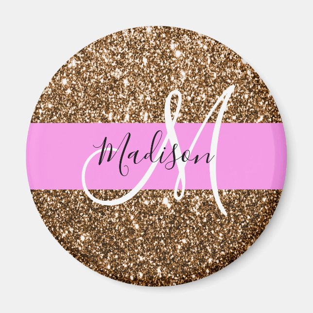 Glam Rosa & Bronze Glitter Sparkles Monogram Namn Magnet (Framsidan)