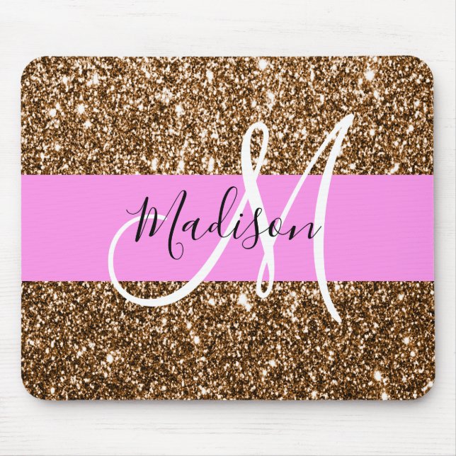 Glam Rosa & Bronze Glitter Sparkles Monogram Namn Musmatta (Framsidan)