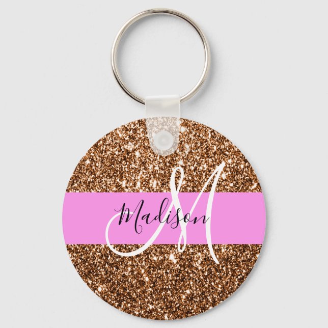 Glam Rosa & Bronze Glitter Sparkles Monogram Namn Nyckelring (Framsida)