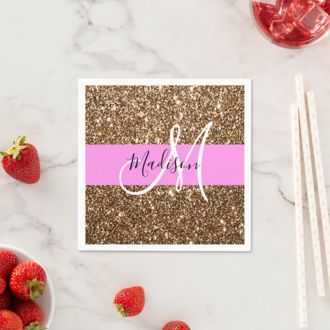 Glam Rosa & Bronze Glitter Sparkles Monogram Namn Pappersservett (Insitu)