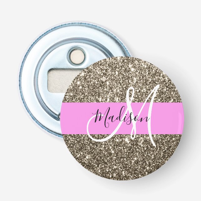 Glam Rosa Champagne Guld Glitter Glans Monogram Flasköppnare (Framsidan)