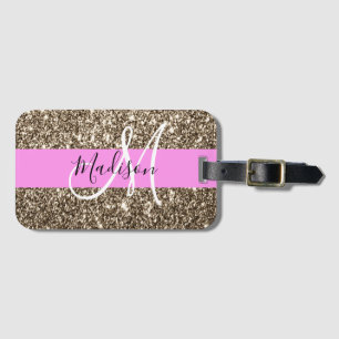 Glam Rosa Champagne Guld Glitter Gnistra Monogram Bagagebricka