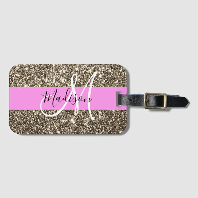Glam Rosa Champagne Guld Glitter Gnistra Monogram Bagagebricka (Framsida horisontal)