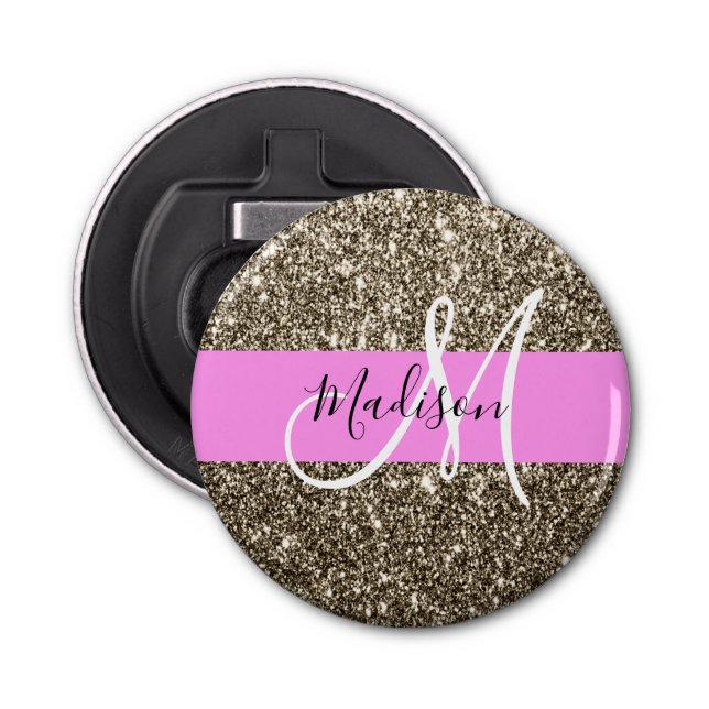 Glam Rosa Champagne Guld Glitter Gnistra Monogram Flasköppnare (Framsidan)
