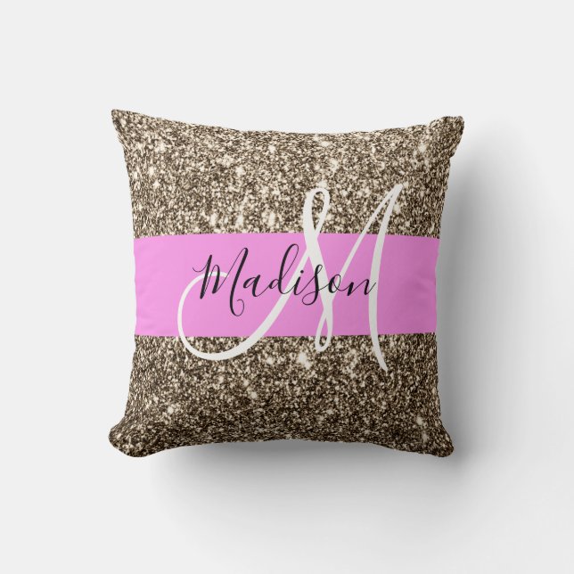 Glam Rosa Champagne Guld Glitter Gnistra Monogram Kudde (Framsida)