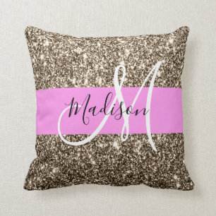 Glam Rosa Champagne Guld Glitter Gnistra Monogram Kudde