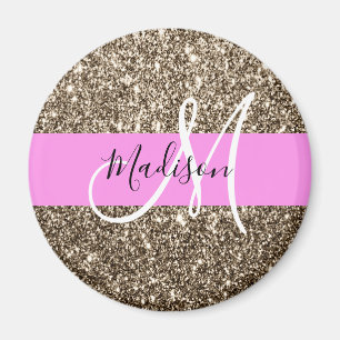 Glam Rosa Champagne Guld Glitter Gnistra Monogram Magnet