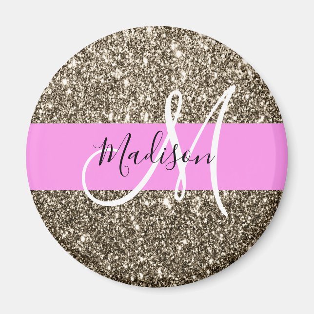Glam Rosa Champagne Guld Glitter Gnistra Monogram Magnet (Framsidan)