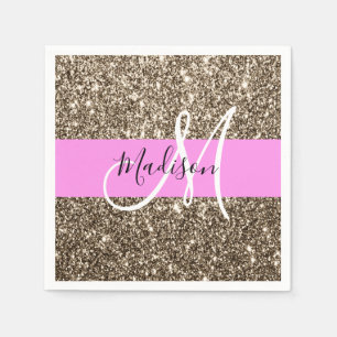 Glam Rosa Champagne Guld Glitter Gnistra Monogram Pappersservett