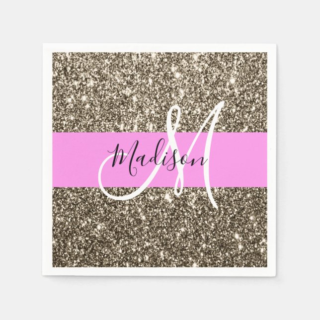 Glam Rosa Champagne Guld Glitter Gnistra Monogram Pappersservett (Framsidan)