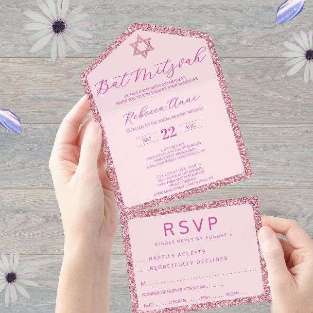 Glam Rosa Classic Elegant Bat mitzvah OSA (All in one Bat Mitzvah invitations in pink glam include a handy tear away RSVP postcard)