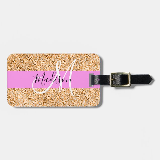 Glam Rosa & Copper Glitter Sparkles Monogram Namn Bagagebricka (Horisontell Framsida)