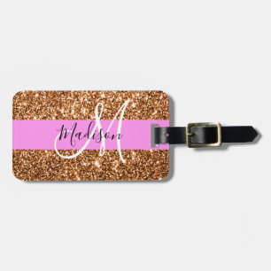 Glam Rosa & Copper Glitter Sparkles Monogram Namn Bagagebricka