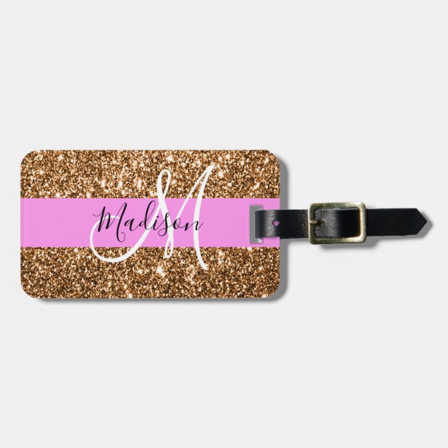 Glam Rosa & Copper Glitter Sparkles Monogram Namn Bagagebricka (Horisontell Framsida)