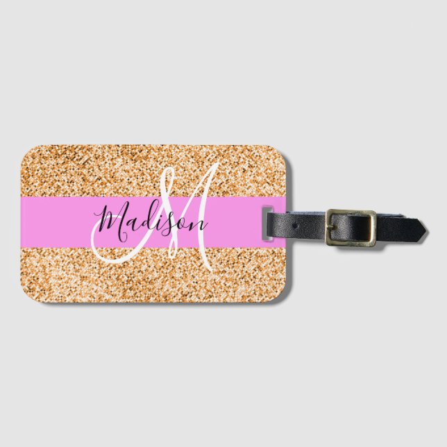 Glam Rosa & Copper Glitter Sparkles Monogram Namn Bagagebricka (Framsida horisontal)