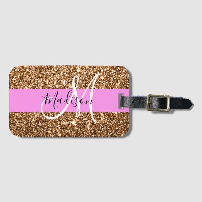 Glam Rosa & Copper Glitter Sparkles Monogram Namn Bagagebricka (Framsida horisontal)