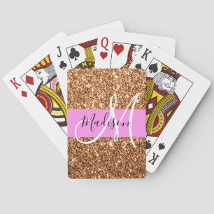 Glam Rosa & Copper Glitter Sparkles Monogram Namn Casinokort