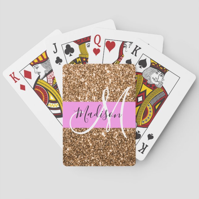 Glam Rosa & Copper Glitter Sparkles Monogram Namn Casinokort (Baksidan)