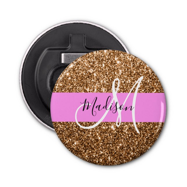 Glam Rosa & Copper Glitter Sparkles Monogram Namn Flasköppnare (Framsidan)