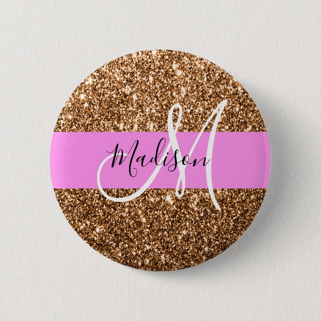 Glam Rosa & Copper Glitter Sparkles Monogram Namn Knapp (Framsida)