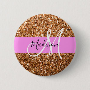 Glam Rosa & Copper Glitter Sparkles Monogram Namn Knapp