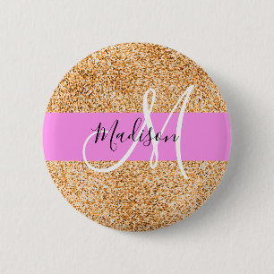 Glam Rosa & Copper Glitter Sparkles Monogram Namn Knapp