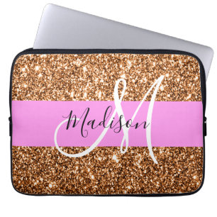 Glam Rosa & Copper Glitter Sparkles Monogram Namn Laptop Fodral
