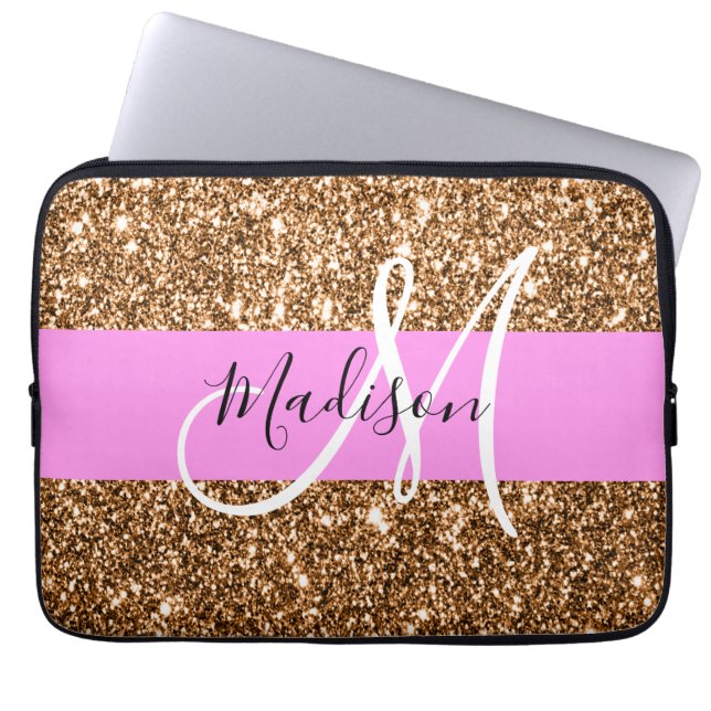 Glam Rosa & Copper Glitter Sparkles Monogram Namn Laptop Fodral (Framsidan)