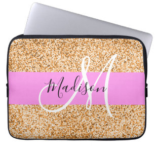 Glam Rosa & Copper Glitter Sparkles Monogram Namn Laptop Fodral