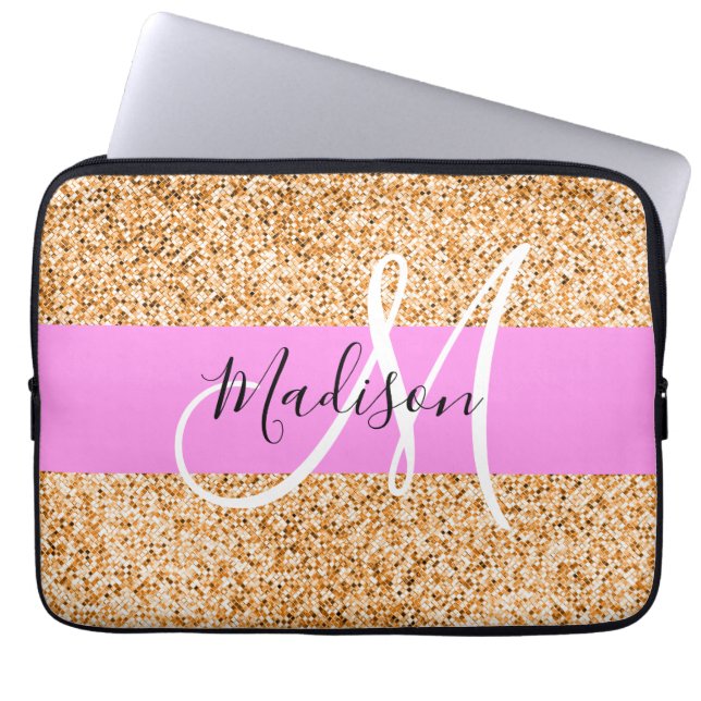 Glam Rosa & Copper Glitter Sparkles Monogram Namn Laptop Fodral (Framsidan)
