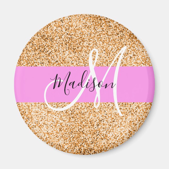 Glam Rosa & Copper Glitter Sparkles Monogram Namn Magnet (Framsidan)