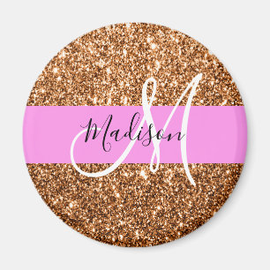 Glam Rosa & Copper Glitter Sparkles Monogram Namn Magnet